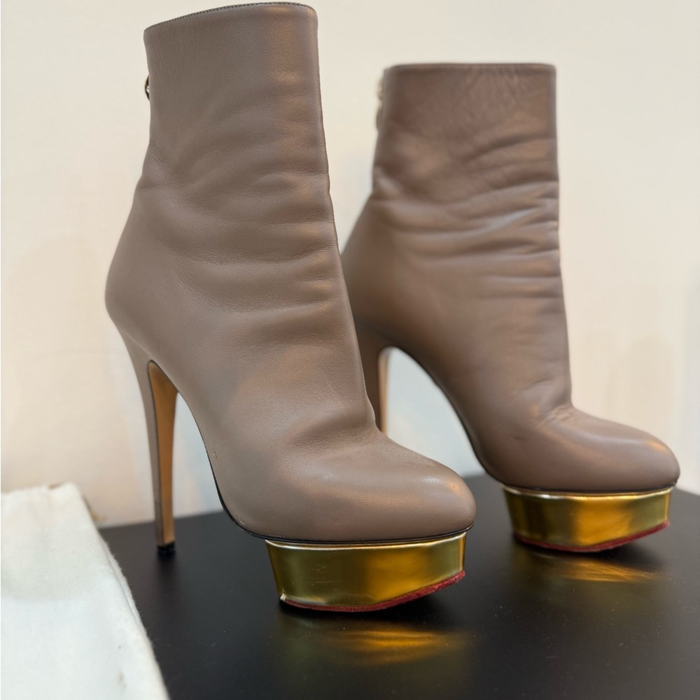 Charlotte Olympia Grey and Gold Heeled Boots with Metallic Platform